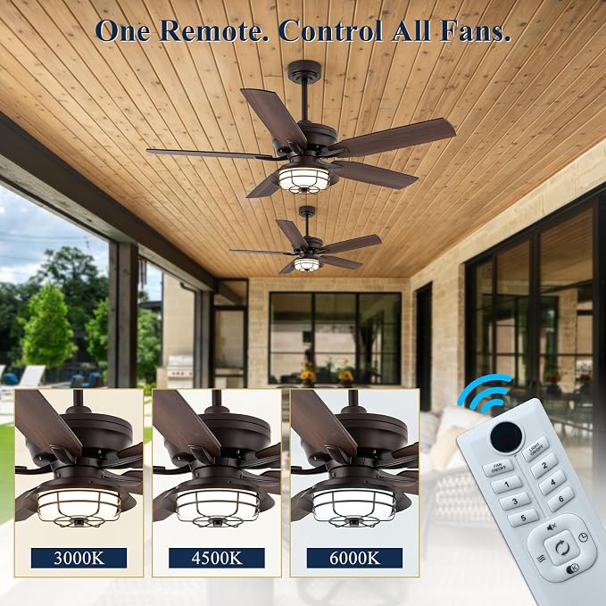 NORFOLK Outdoor Ceiling Fans with Lights and Remote, Waterproof 60 Inch Ceiling Fan with 3 Color LED Light for Patios, Gazebos, and Indoor, Wet Rated Farmhouse Modern Style