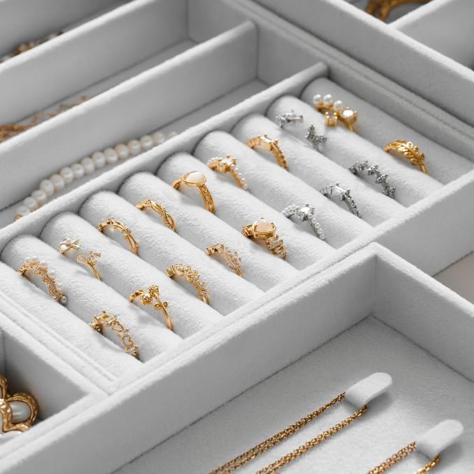 Velvet Jewelry Drawer Organizer Trays – Large White Stackable Jewelry Storage Inserts Set, 4-Layer Jewelry Tray Set for Earrings, Rings, Necklaces, Bracelets with Removable Dividers for Dresser,Vanity