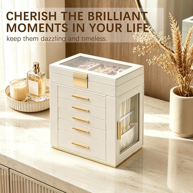 Homeanda 6-Layer Jewelry Boxes for Women, Large PU Leather Storage Organizer with 5 Drawers Glass Lid Case for Rings Necklaces Earrings Bracelets Watches, Gift for Wife and Girls (Beidge)