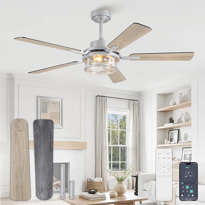 Fanbulous 52 Inch Ceiling Fan with Light and Remote,Downrod Mount Farmhouse Ceiling Fan for Bedroom, Quiet 6-Speed Reversible DC Motor, Rustic White & Wood Finish Blades