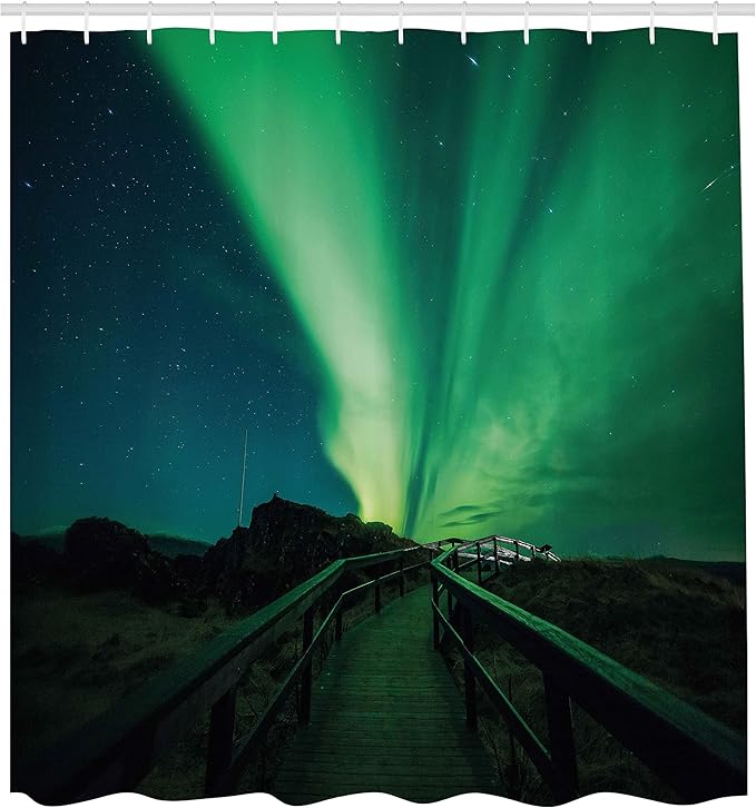 Ambesonne Aurora Borealis Shower Curtain, Wooden Bridge Solar Sky Scenic Radiant Rays Arctic Magic Scenery, Cloth Fabric Bathroom Decor Set with Hooks, 69" W x 70" L, Fern Green Dark Blue