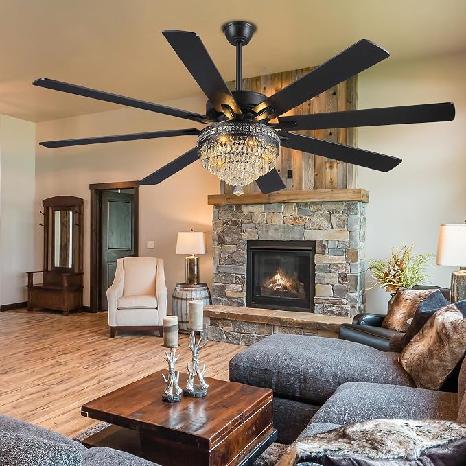 GJeg Crystal Ceiling Fan Fandelier with Lights - Outdoor Ceiling Fans with Remote Control, Farmhouse Ceiling Fan with Noiseless DC Reversible Motor,Dining Room,Living Room(72" Black)