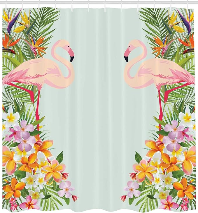 Ambesonne Floral Shower Curtain, Flamingo Birds and Tropical Flowers Exotic Hawaiian Wildlife Animals Print, Cloth Fabric Bathroom Decor Set with Hooks, 69" W x 75" L, Pale Blue Orange