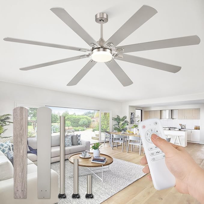 Fanbulous 80 Inch Ceiling Fans with Lights,Nickel Modern Ceiling Fan with Remote,Large Farmhouse Indoor & Outdoor Ceiling Fan with 8 Dual Finish Blades, Quiet DC Motor, Bright LED Light