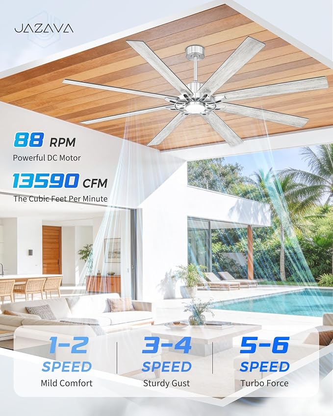 84 Inch Brushed Nickel Ceiling Fan, Smart Alexa Compatible Large Indoor Outdoor Fan for High Ceilings, Covered Patio & Garage, Dual Finish 8 Plywood Blades, ZCCF05BN-84