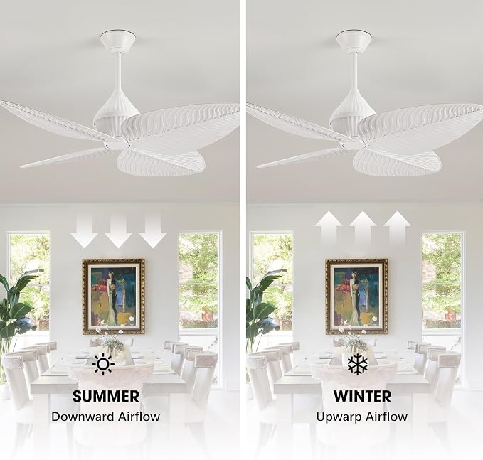 52" White Tropical Ceiling Fans, Flush Mount Palm Leaf Ceiling Fan no Light, Indoor Ceiling Fans Without Light for Living Room Bedroom Kitchen Covered Gazebo, APP and Remote Control