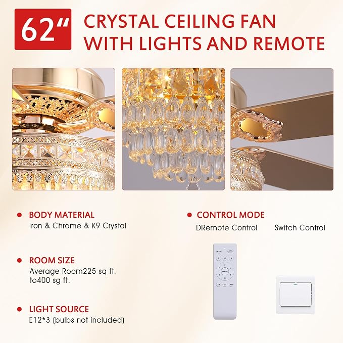 GJeg Crystal Ceiling Fan Fandelier with Lights - Retro Outdoor Fans with Remote Control, Farmhouse Ceiling Fan with Noiseless DC Reversible Motor,Dining Room,Living Room(62" Gold)