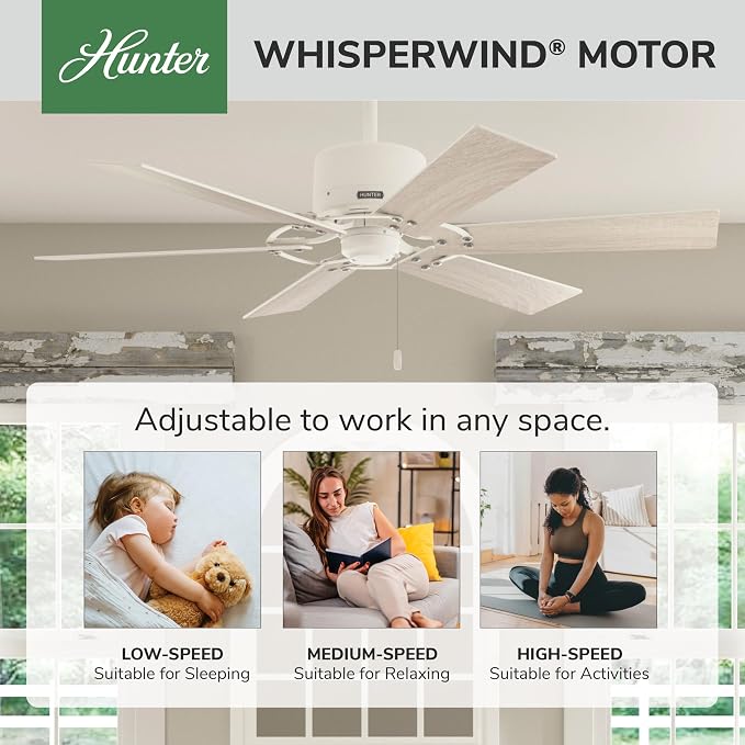 Hunter 52 inch Indoor Ceiling Fan No Light - White Ceiling Fan without Light, 6 Blades, Standard Mount, For Bedroom, Living Room, or Kitchen, Pull Chain - Gilrock 52354, Matte White
