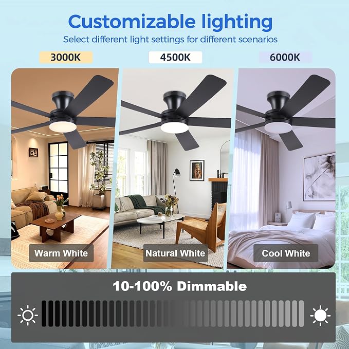 Ayaoty Ceiling Fans with Lights,46" Black Flush Mount Ceiling Fan Light with ABS Blades Reversible,3CCT Dimmable, Low Profile Fan Light for Indoor Modern Bedroom, Kitchen