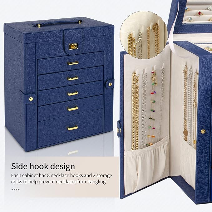 AKOZLIN 6-Tier Jewelry Box Organizer Functional 5 Drawers Leather Jewelry Storage Case for Women Girls Ring Necklace Earring Bracelet Holder Organizer with Mirror Blue Large