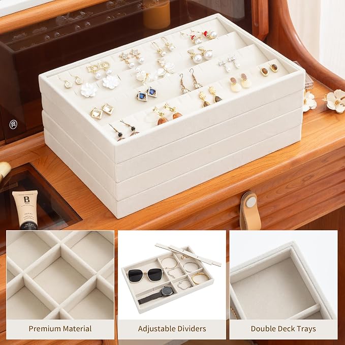 Frebeauty Jewelry Trays for Drawer,Set of 4 Jewelry Organizer and Storage | Velvet Material,Stackable,Adjustable Dividers,Drawer Inserts for Rings Studs Bracelet,Earring Organizer for Women Girls