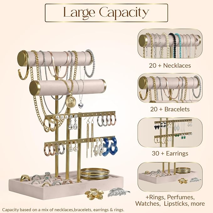 Jewelry Tower Stand Organizer for Women - Soft Touch Velvet Elegant Jewelry Holder Display with Necklace Holder, Earring Organizer & Bracelet Rack - Tabletop Stand for Dresser, Vanity, Desk - Beige