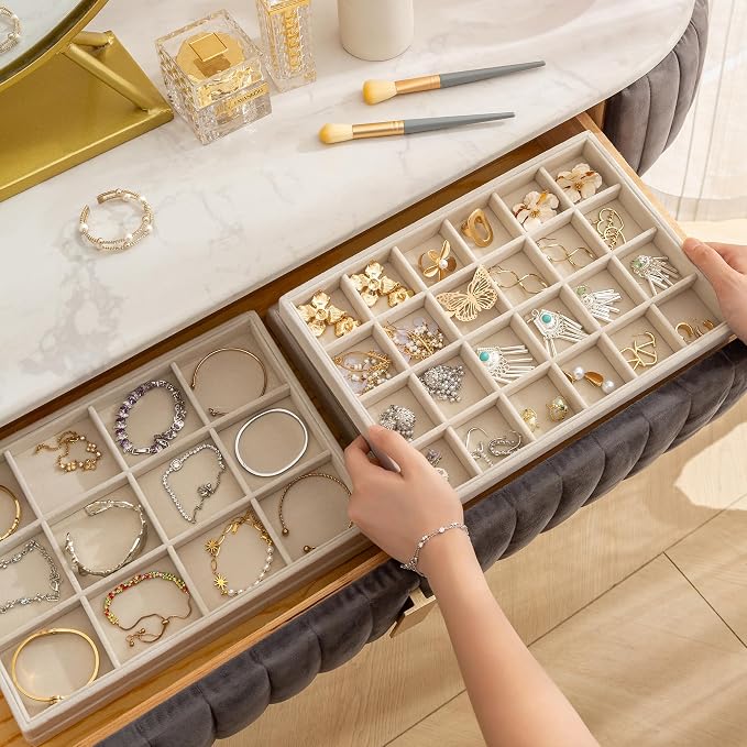 Frebeauty Jewelry Trays for Drawer,Set of 2 Jewelry Organizer and Storage | Velvet Material,Stackable,Adjustable Dividers,Drawer Inserts for Rings Studs Bracelet,Earring Organizer for Women Girls