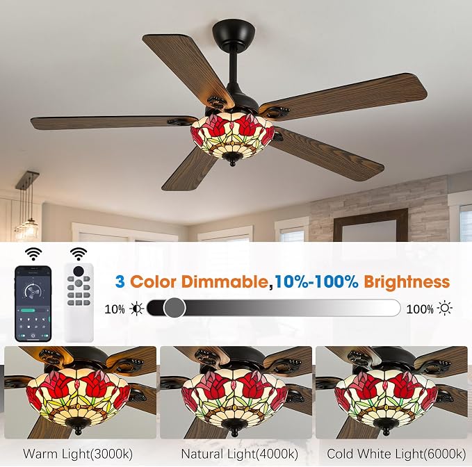 52" Tiffany Style Ceiling Fans with Lights, Vintage Chandelier Ceiling Fan with Stained Glass Shade, Dimmable LED, 6 Speeds Reversible for Bedroom (Red Rose)