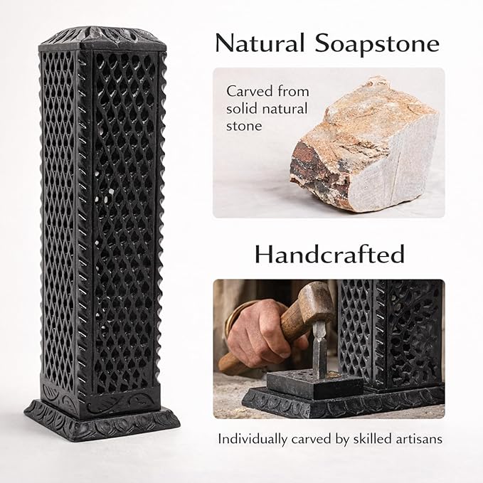 Handmade Marble Black Soapstone Incense Stick Burner | Candle Stick Holder | Tea Light Burner - Perfect Jaali Carving for Gifting. Decorative Home and Kitchen Decor (3 x 3 x 11 Inches).