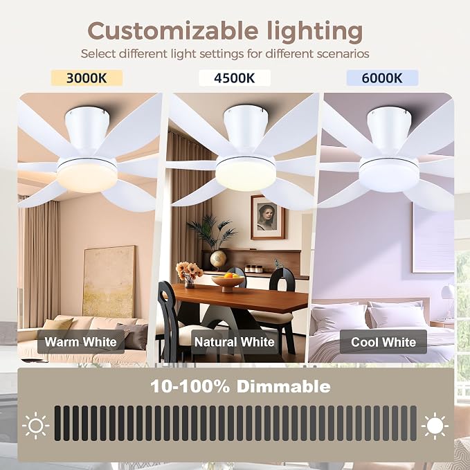 GJeg Ceiling Fans with Lights,42" Low Profile Ceiling Fan with Light and Remote Control,Flush Mount, Reversible, Dimmable, Noiseless, White Ceiling Fan for Bedroom