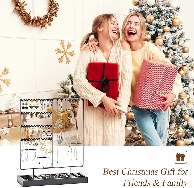 ProCase Jewelry Organizer Stand Earring Holder Organizer, 6 Tiers Earring Organizer Tree Necklace Rack Jewellery Tower Bracelets Holder Storage with Removable Wooden Ring Tray for Women Girls -Grey
