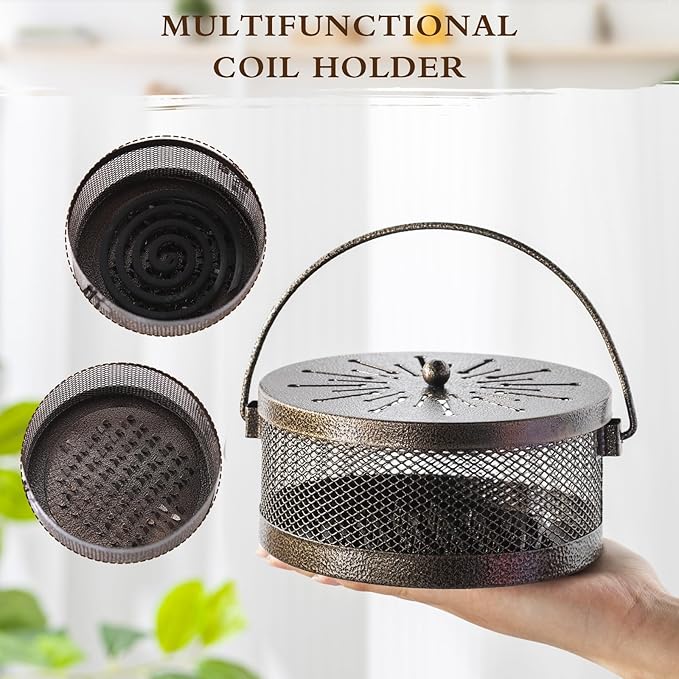 Lallisa 4 Pieces Mosquito Coil Holder Incense Coil Holder Round Retro Portable Metal Hanging Incense Burner with Handle for Home Camping Indoor Outdoor Patio(Bronze)