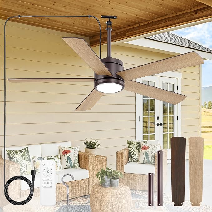 Fanbulous 52" Outdoor Ceiling Fan with Light and Remote, IP65 Waterproof, Plug-in Design with 10FT Cord, 6-Speeds, 3CCT, Hook Hanging Fan for Gazebo Patio Porch Garage Canopy(Oil-Bronze)