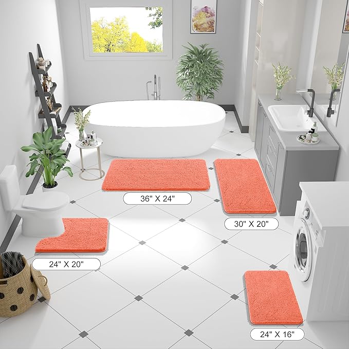 OLANLY Small Bathroom Rugs 24x16, Extra Soft Absorbent Chenille Bath Rugs, Rubber Backing Quick Dry, Machine Washable Bath Mats for Bathroom Floor, Tub and Shower, Home Decor Accessories, Coral