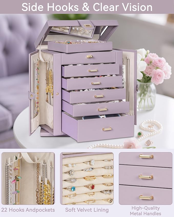 AKOZLIN 6-Tier Jewelry Box Organizer Functional 5 Drawers Leather Jewelry Storage Case for Women Girls Ring Necklace Earring Bracelet Holder Organizer with Mirror XL Purple 360° Rotating