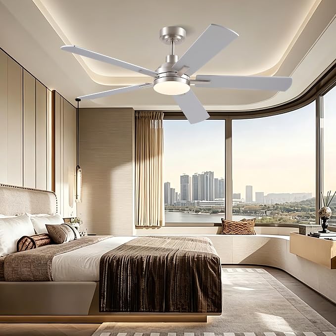 JSAITEE Ceiling Fans with Lights, 52 Inch Low Profile Modern Fan with Light and Remote Control, DC Reversible Motor, Noiseless,3CCT,Dimmable, Nickel 6 Speeds Fan Light for Bedroom Living room