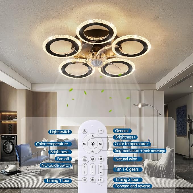 Dalouguan Ceiling Fan with Lights Remote Control, 20" Black Personality Geometric 6 Speeds 3 Light Color Low Profile Flush Mount Ceiling Fan for Kitchen Bedroom