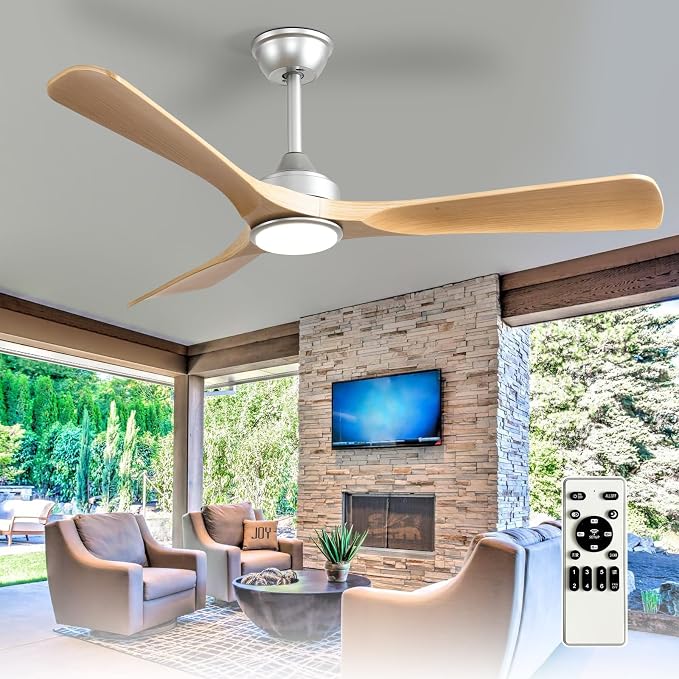 Depuley 52-Inch Ceiling Fan with Light: Wood Grain 3 Blade Outdoor Fandelier Ceiling Fans with Lights for Patios - Dimmable Indoor Fan with Remote Control Reversible DC Motor for Porch Living Room