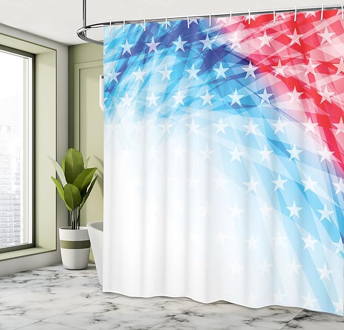 Ambesonne American Shower Curtain, United States of America National Flag Sketch with State Stars White Stripe Theme, Cloth Fabric Bathroom Decor Set with Hooks, 69" W x 70" L, Blue Red