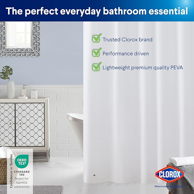 Clorox Shower Curtain Liner & Hooks, Premium Lightweight Flexible Waterproof 4g PEVA for Bathroom with Weighted Magnets, Standard Size 70" x 72", White 1 Pack