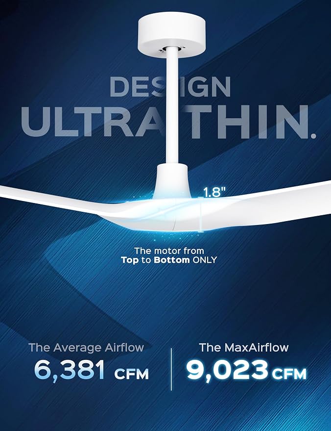60 Inch Ultra-thin Ceiling Fan Without Lights, Whole Aluminum DC Motor and Blades,6 Speed Adjustable White Indoor Outdoor Ceiling Fan for Patios and Bedroom
