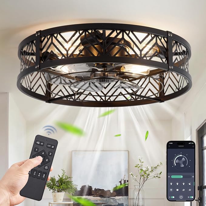 LEDIARY 23" Caged Ceiling Fan with Light, Large Flush Mount, App&Remote Control, Low Profile Bladeless Fan Light Fixture 6 Speed, Reversible and Quiet Motor-Black