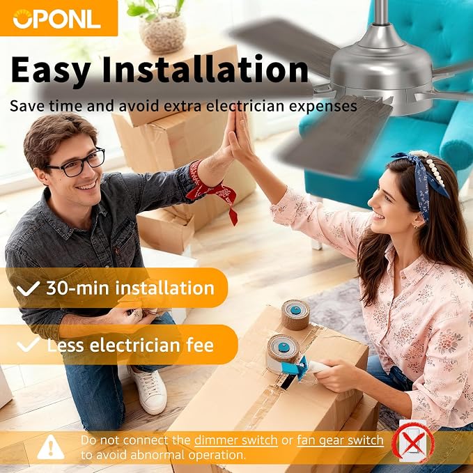 OPONL Ceiling Fan with Light, Ceiling fan with Light and Remote Control, Reversible, 6CCT, Dimmable, Noiseless, Ceiling Fan for Bedroom, Indoor/Outdoor Use, Nickel, 52 inch, Classic