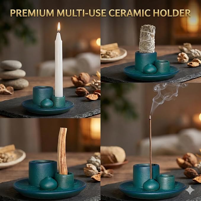 Palo Santo Sticks Holder, Multi-Purpose Handmade Ceramic Incense Burner for Palo Santo Incense Sticks, Sage Holder for Burning, Ash Catcher Tray for Meditation Yoga Room (Blue)
