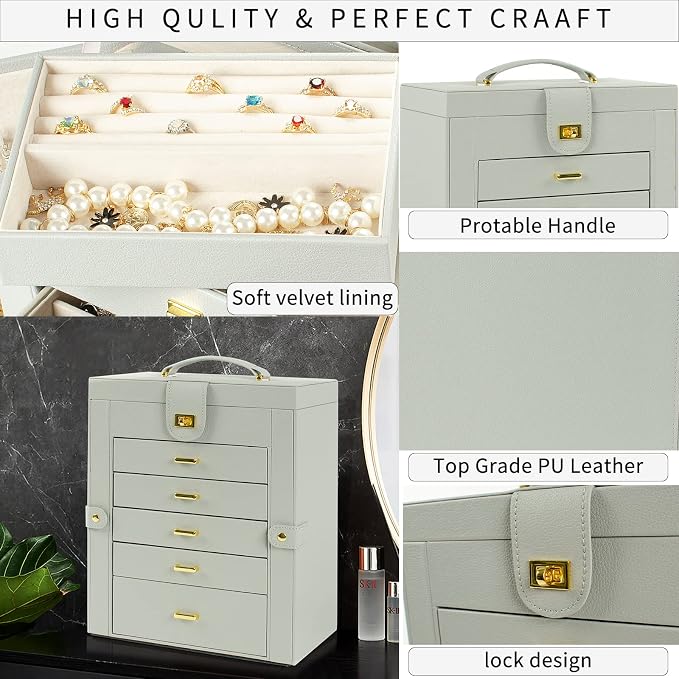 AKOZLIN 6-Tier Jewelry Box Organizer Functional 5 Drawers Leather Jewelry Storage Case for Women Girls Ring Necklace Earring Bracelet Holder Organizer with Mirror Grey Large