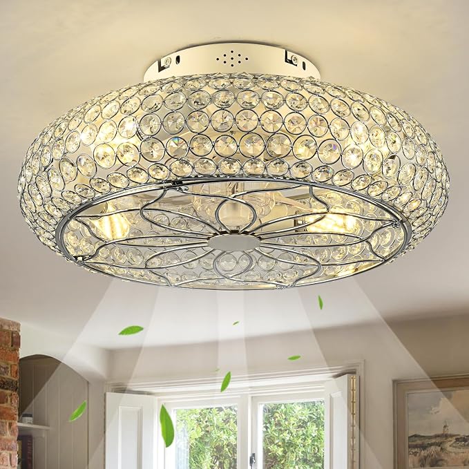 Caged Crystal Ceiling Fans with Lights and Remote,20" Flush Mount Low Profile Ceiling Fan with Light,6 Speed Enclosed Ceiling Fan with Reversible Motor for Bedroom Kitchen Living Room