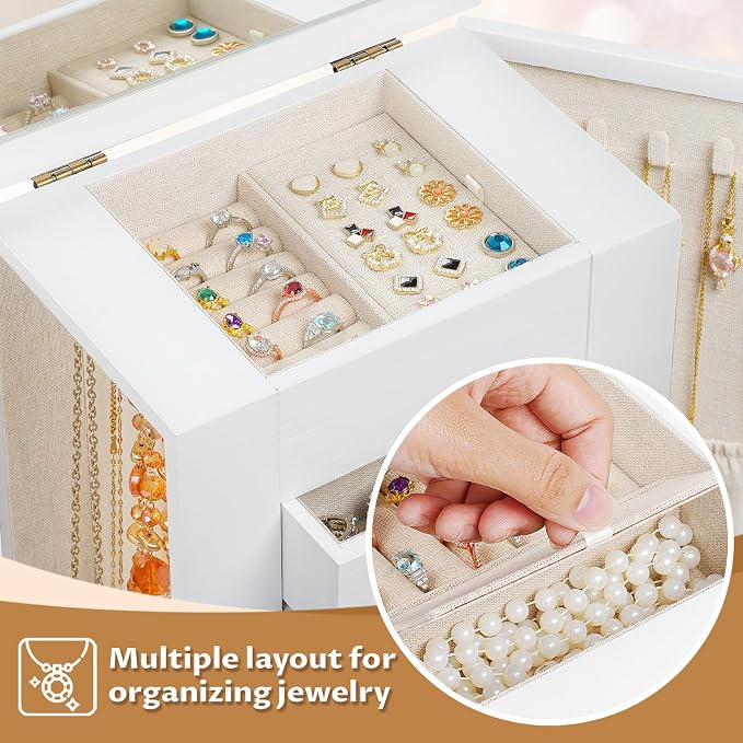 Emfogo Jewelry Box for Women, 5 Layer Large Wood Jewelry Boxes & Organizers for Necklaces Earrings Rings Bracelets, Rustic Jewelry Organizer Box with Rattan, Drawers and Mirror(Vintage White)