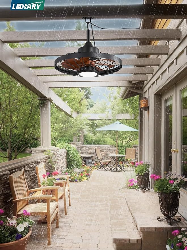 LEDIARY 20" Outdoor Ceiling Fan with Lights,IP65 Waterproof Gazebo Hanging Fan with Remote Control Smart App, Plug in Caged Ceiling Fan with 3CCT 6-Speeds for Patio Porch Pergola(Walnut)