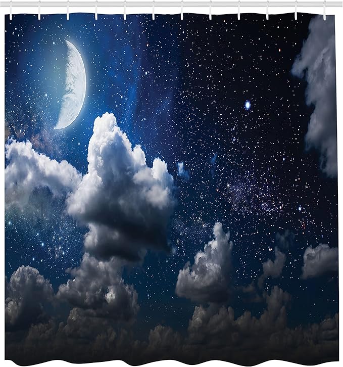 Ambesonne Clouds Shower Curtain, Celestial Solar Night Scene Stars Moon and Clouds Heaven Place in Cosmos Theme, Cloth Fabric Bathroom Decor Set with Hooks, 69" W x 84" L, Dark Night Blue Off White