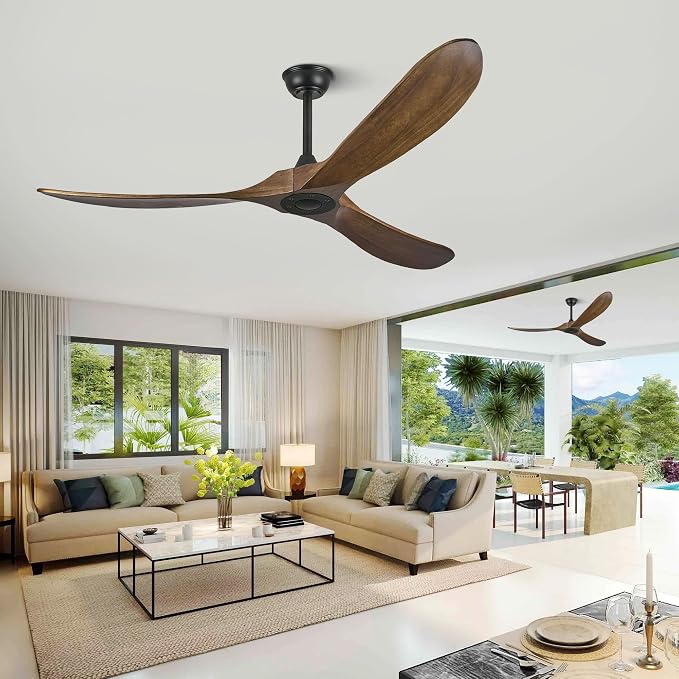 Haipeel 60 Inch Wood Ceiling Fan no Light, Outdoor Ceiling Fans Without Lights with Remote Control, Indoor Modern 3 Blade Propeller Ceiling Fan for Bedroom Porch, Reversible BLDC Motor, Dark Walnut