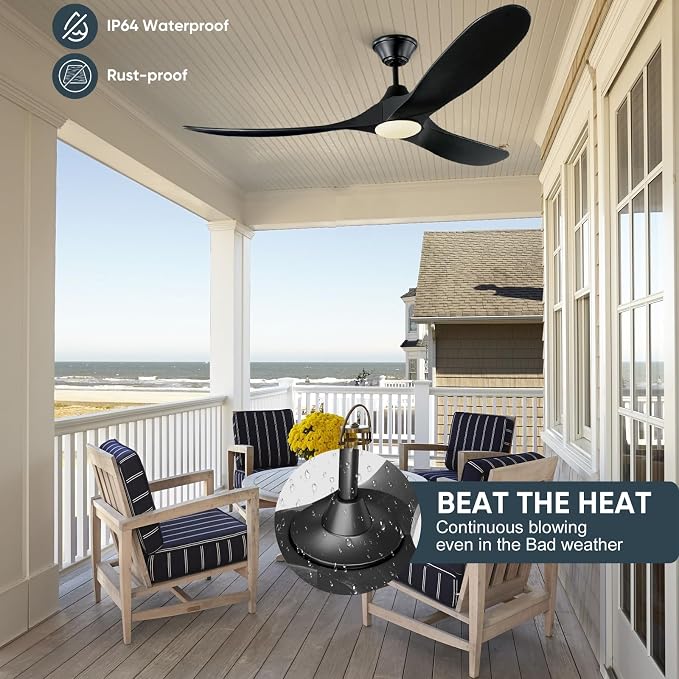 60 inch Black Ceiling Fan with Lights, Outdoor Ceiling Fans for Patios Damp Rated, Large Airflow Smart Propeller Ceiling Fan Modern Wooden Ceiling Fans for Commercial Indoor Exterior House Porch