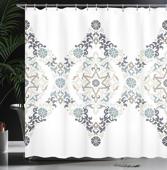 Ambesonne Ethnic Shower Curtain, Ottoman Mosaics in Tones Royal Revival Victorian Palace Inspired Retro Print, Cloth Fabric Bathroom Decor Set with Hooks, 69" W x 84" L, Blue Grey