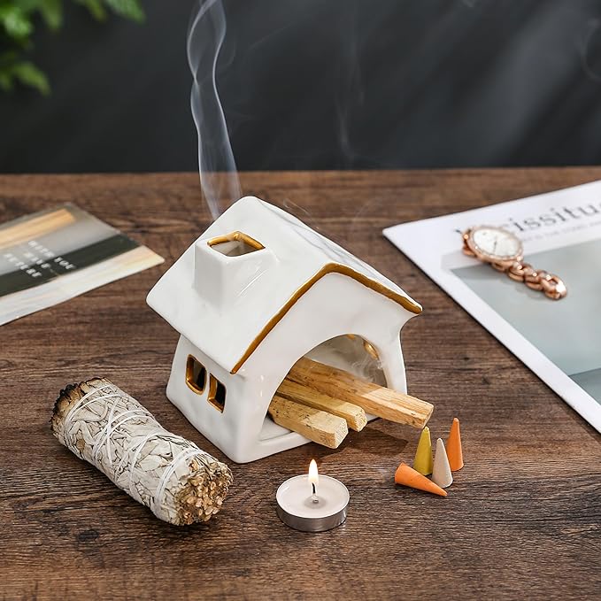 Palo Santo Holder Chimney, Sage Holder for Burning, Palo Santo Burner, Sage Burner, Ceramic Christmas Cabin&Mini Chiminea Incense Burner, House Tea Light Burner, Smudge Bowl, Incense Holder