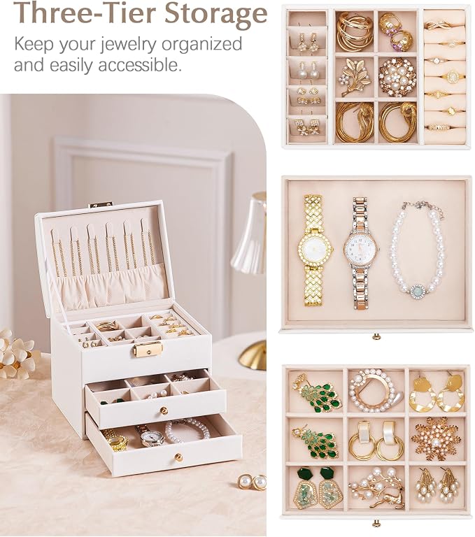 Homde Small Jewelry Box for Girls: 3-Layer Lockable Organizer (Cloud White) | Removable Tray&Dividers for Flexible Storage - Sort Earrings&Rings&Necklaces for Beginners - Birthday Gift for Teens