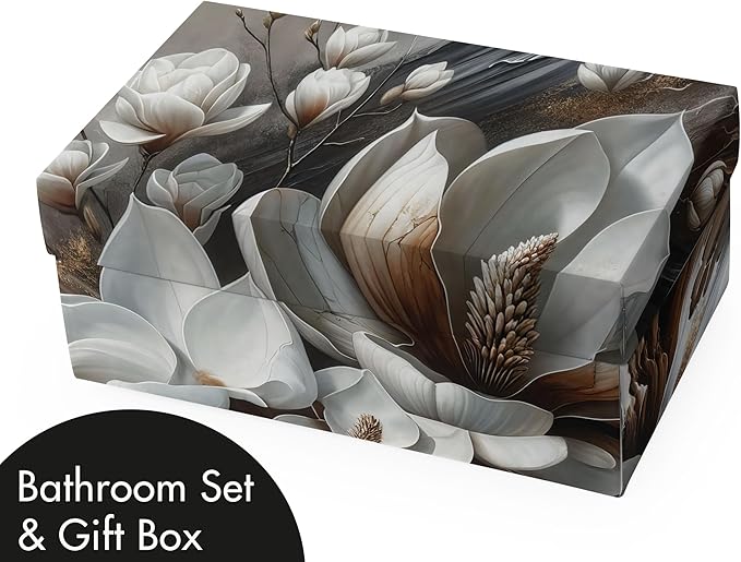Ambesonne Brown Bathroom Decor Set 4 Pcs Including Shower Curtain with Hooks Bath Mat Soap Dispenser Toothbrush Holder in Box Essentials & Accessories, Magnolia Watercolor, White Dark Grey Chocolate