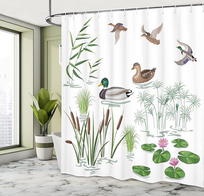 Ambesonne Rubber Duck Shower Curtain, Lake Animals and Plants Lily Flowers Reeds Cane in The Pond Nature Park, Cloth Fabric Bathroom Decor Set with Hooks, 69" W x 70" L, Green White