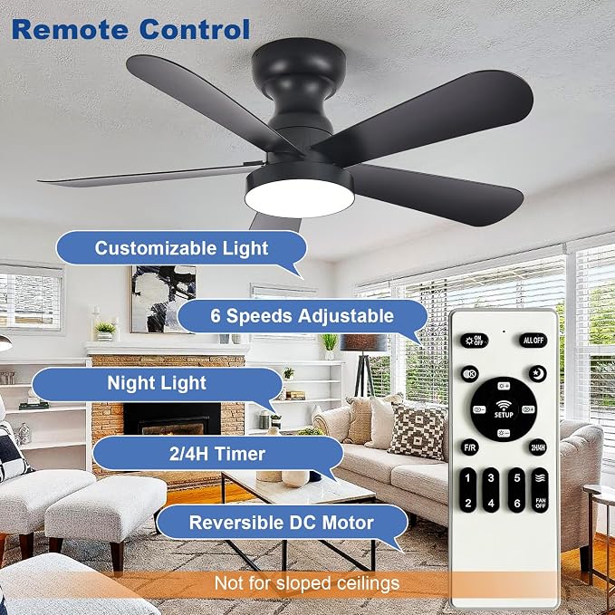 Depuley Black Ceiling Fan with Lights: 35-Inch Flush Mount Fan with Light and Remote - Low Profile Ceiling Fans Reversible Quiet DC Motor for Bedroom Living Room Indoor Outdoor