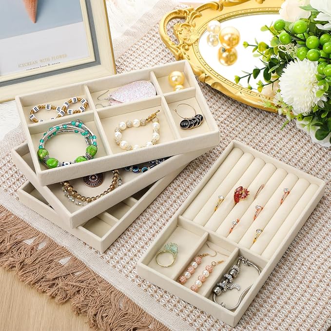 Inbagi 8 Pcs Small Velvet Jewelry Trays Stackable Drawers Organizer Inserts Divided Display Trays for Earring Ring Necklace, Beige