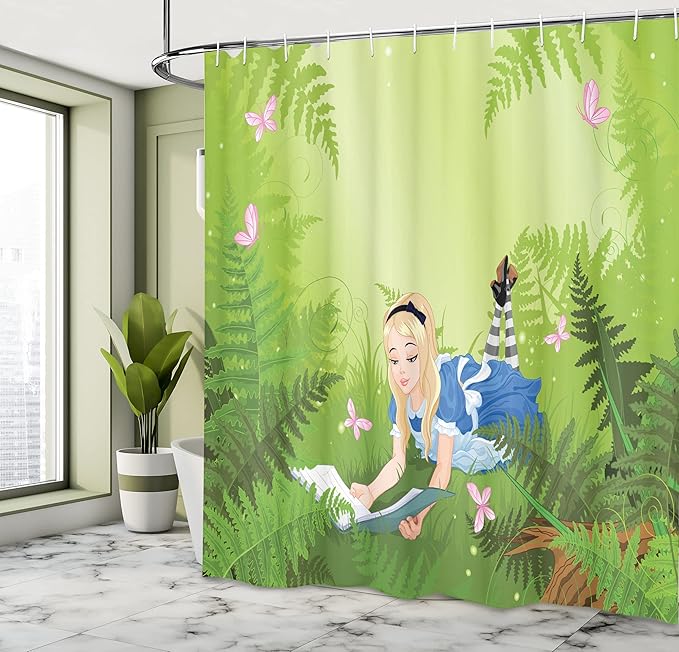 Ambesonne Alice in Wonderland Shower Curtain, Alice Reading Book in Forest Butterfly Nature Magic Love Theme, Cloth Fabric Bathroom Decor Set with Hooks, 69" W x 75" L, Green Pink
