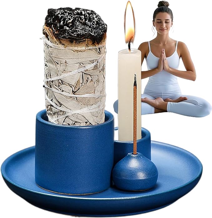 Morandi Color 4 in 1 Ceramic Incense Holder - for Incense Sticks, palo Santo, sage. Includes Candlestick soot Collection Tray. Ideal for Meditation and Yoga Studios. Handmade and Easy to Clean
